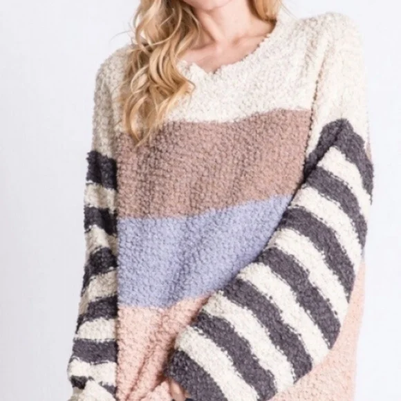 027 Cozy Brown Pink Popcorn Color Block oversized Sweater